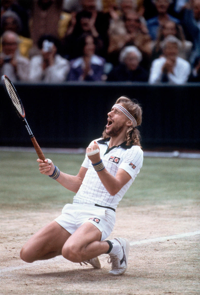 Bjorn Borg celebrating after defeating John McEnroe to win his fifth consecutive Wimbledon title in 1980. 