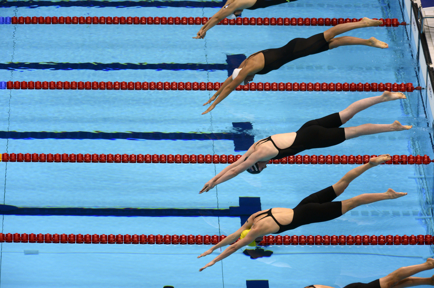 Missy Franklin of the United States, second from bottom, takes to the water at the start of the Women's 4x200 Meter Freestyle relay, in which the United States took the gold medal. : London Olympics : Photography by Adam Stoltman: Sports Photography, The Arts, Portraiture, Travel, Photojournalism and Fine Art in New York