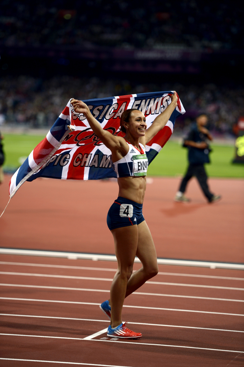 Jessica Ennis of Great Britain after winning the gold medal in the Heptathlon during the London Olympics.   