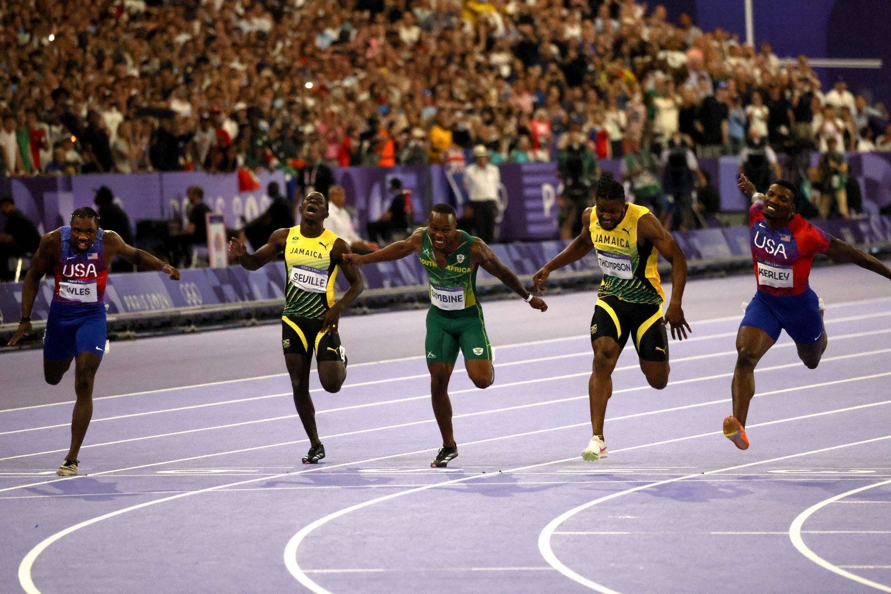 Noah Lyles, far left, of the United States winning the gold medal in the Men's 100 meter final at the 2024 Paris Olympics : Olympics : Photography by Adam Stoltman: Sports Photography, The Arts, Portraiture, Travel, Photojournalism and Fine Art in New York