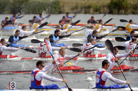 Men's Kayak 4 (K4) 1000 Meter Sprint at Eton Dorney during the London Olympics. 