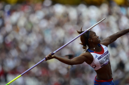Antoinette Nana Djimou Ida of France throwing the javelin during the Heptathlon competition at the London Olympics. 
