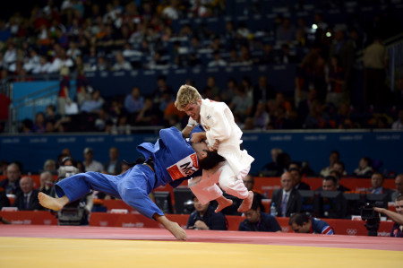 Men's Judo - 73kg. Class. 

Nicholas Delpopolo of  the United States in white
Nyam-Ochir Sainjargal of Mongolia in blue. 